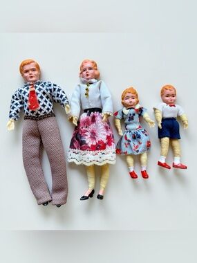 Vintage Caco Miniature Dollhouse Family Bendable Dolls-Mom, Dad, Son, & Daughter